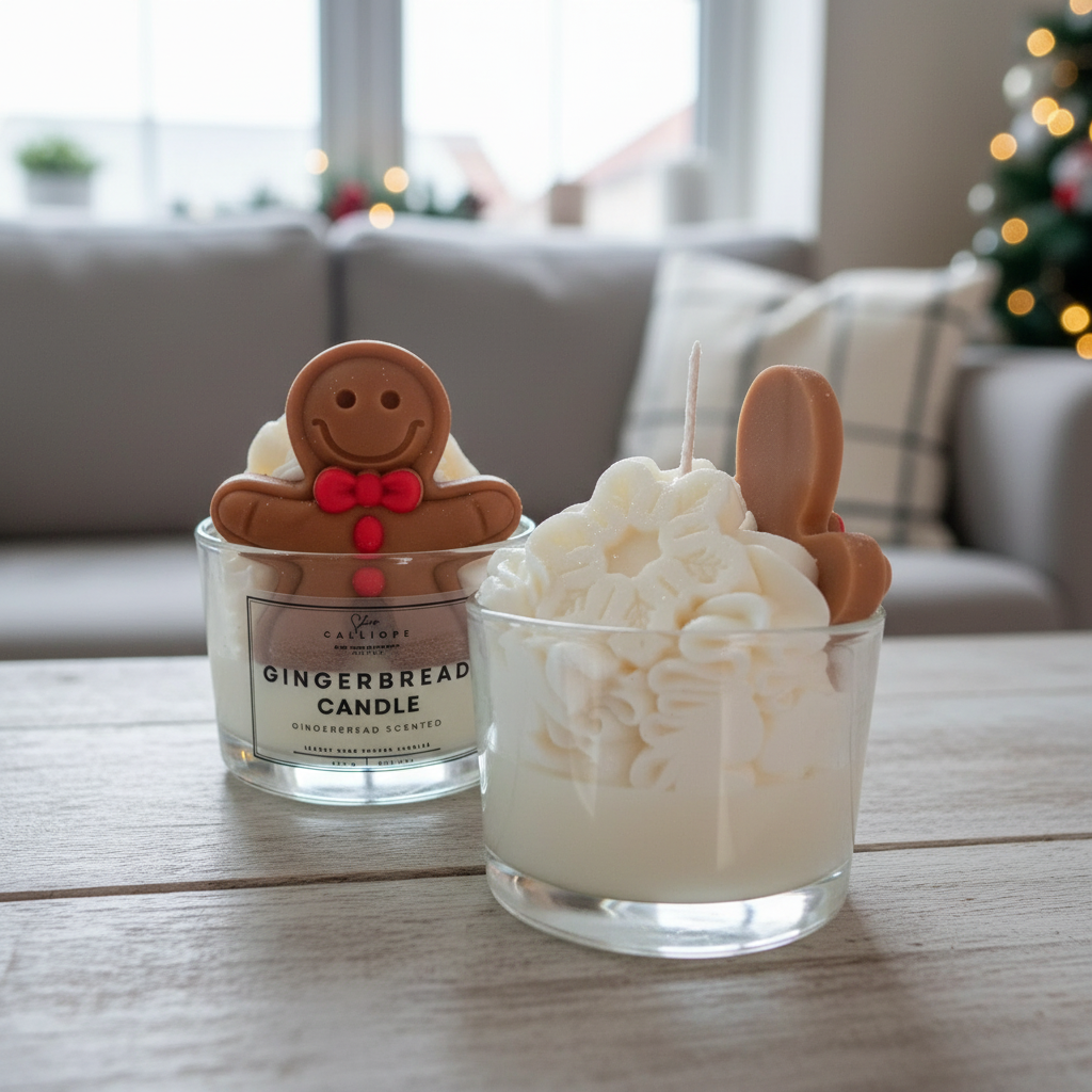 Gingerbread-themed candles on a wooden surface with a festive background