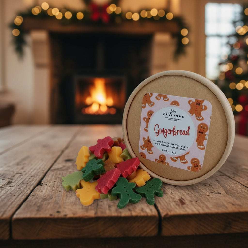 Colorful gingerbread-shaped cookies and a round container labeled 'Gingerbread' on a wooden surface with a fireplace and Christmas decorations in the background.