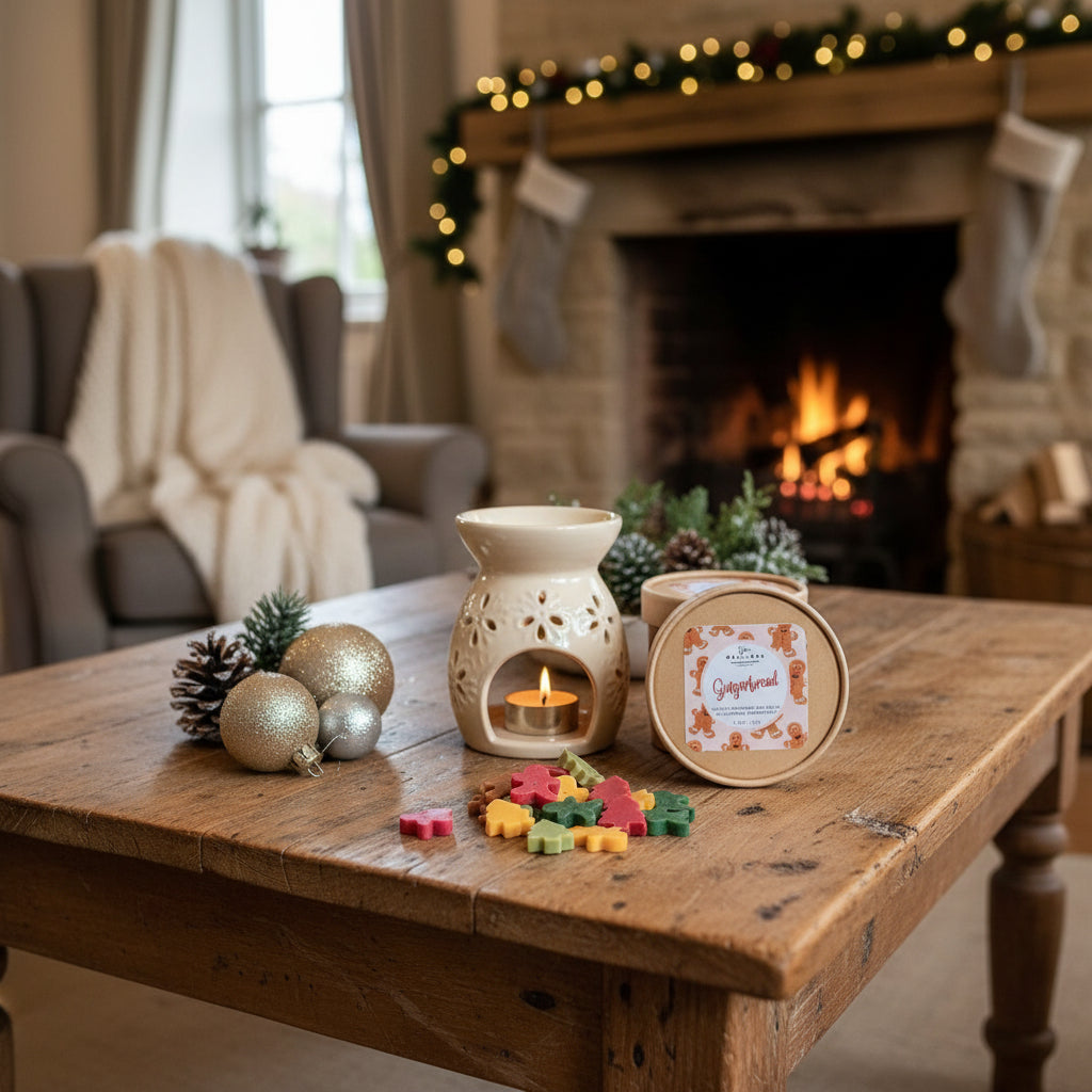 Cozy living room with a lit fireplace, wooden table with decorative items, and Christmas decorations.