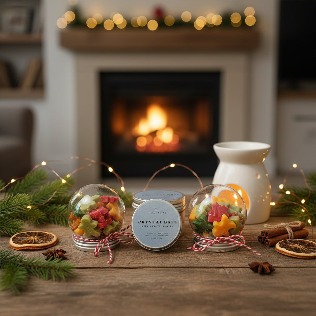 Decorative candles with festive elements on a wooden table in front of a fireplace.