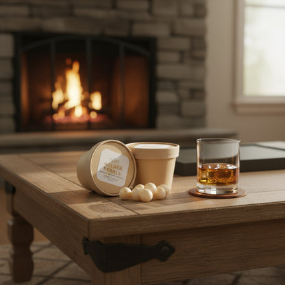 Two cardboard containers labeled 'Golden Pearls' with some pearls on a light surface.