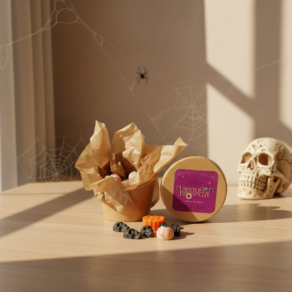 Halloween-themed wax melts, including a skull, a bat, jack-o'-lantern, and an eyeball , a craft box with paper wrapping on a wooden surface.