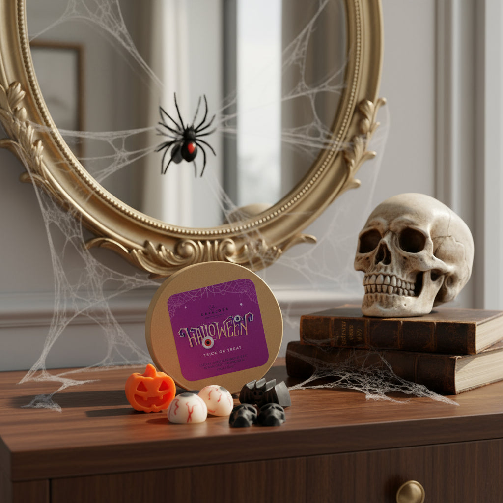 Halloween-themed wax melts in a round craft box, pumpkin-shaped, bat, eyeballs, skuls on a wooden surface, decorated with skul, books, mirror with spider web and spider.