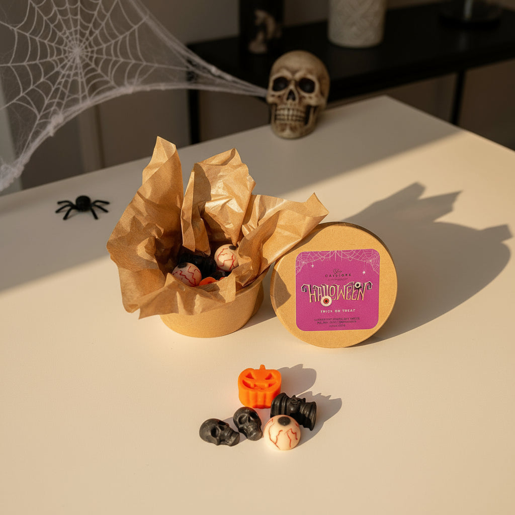 Halloween-themed wax melts in craft box with decorative elements on a table.