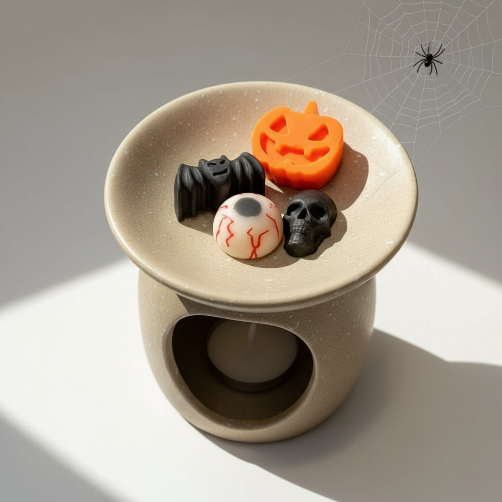 Halloween wax melts on a ceramic wax burner, including a jack-o'-lantern, bat, eyeball, and skull.