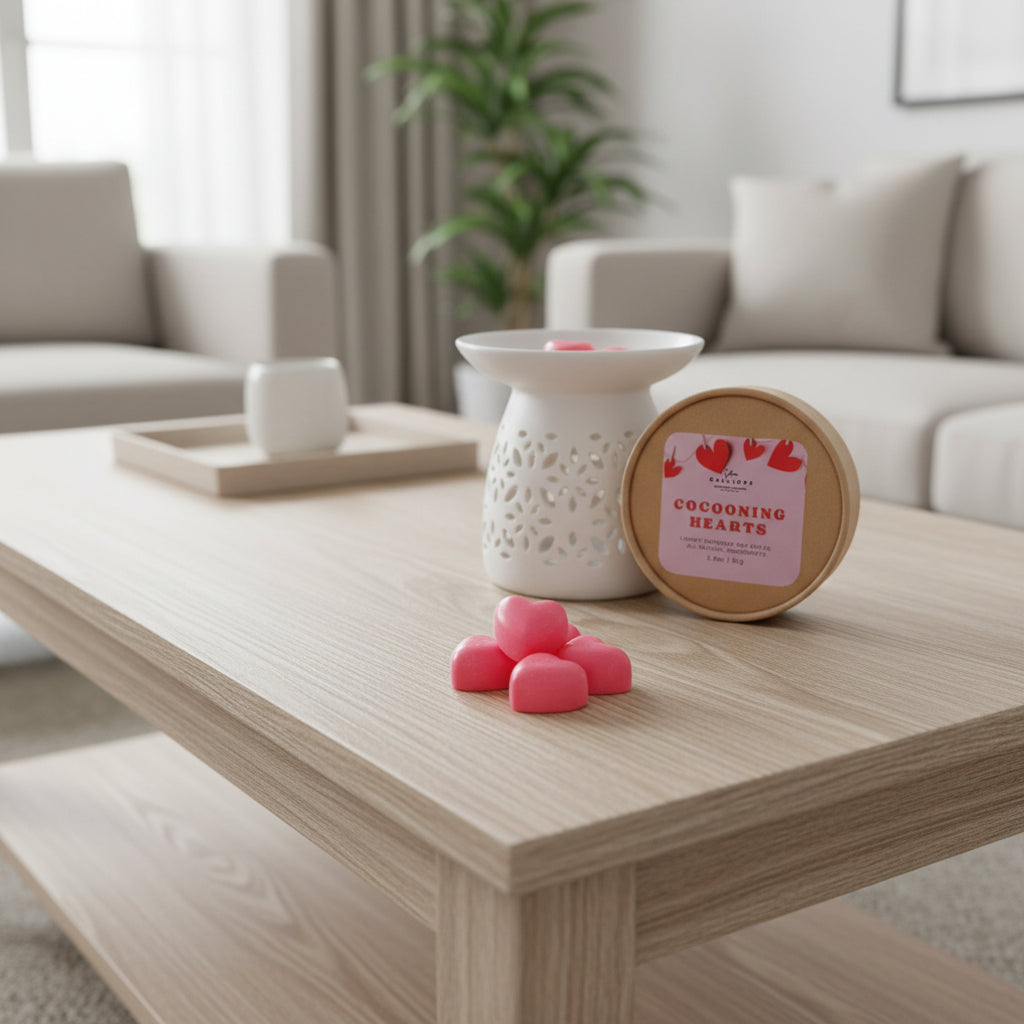 Cocooning Hearts product on a wooden coffee table in a living room setting