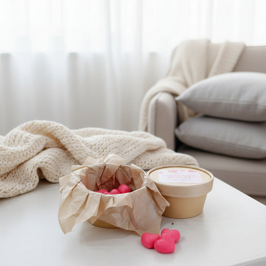 Two small containers with red heart shaped wax melts on a light-colored surface, with a blurred background of a cozy living room.