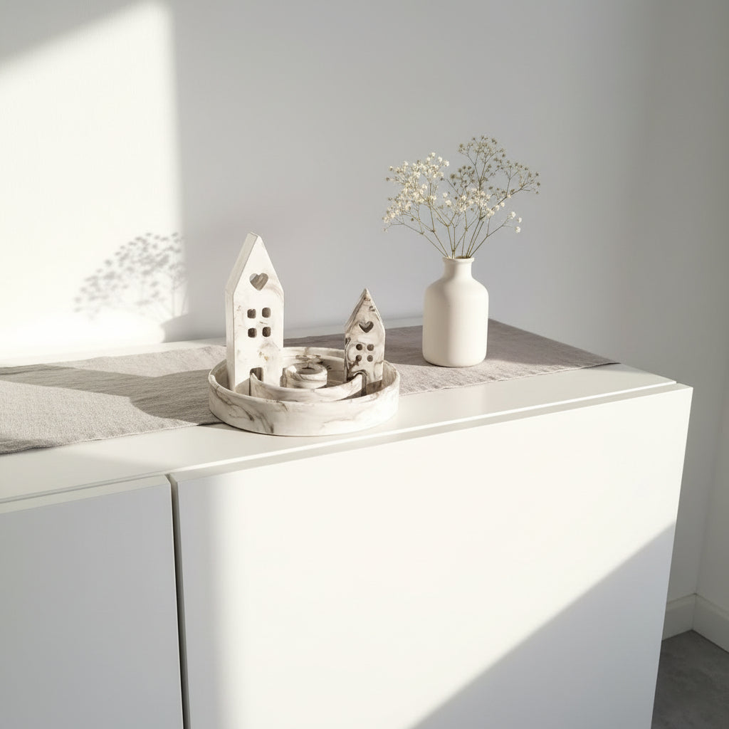 Decorative items on a white surface with a neutral background