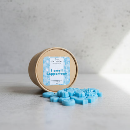 wax melts με άρωμα κοπερτον σε μπλε ανοιχτό χρώμα με σχέδια από ψαράκια και κοχύλια