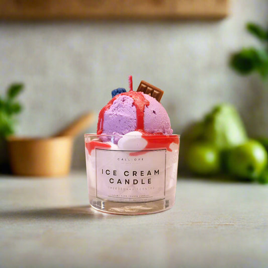 Candle designed like ice cream with toppings in a store setting