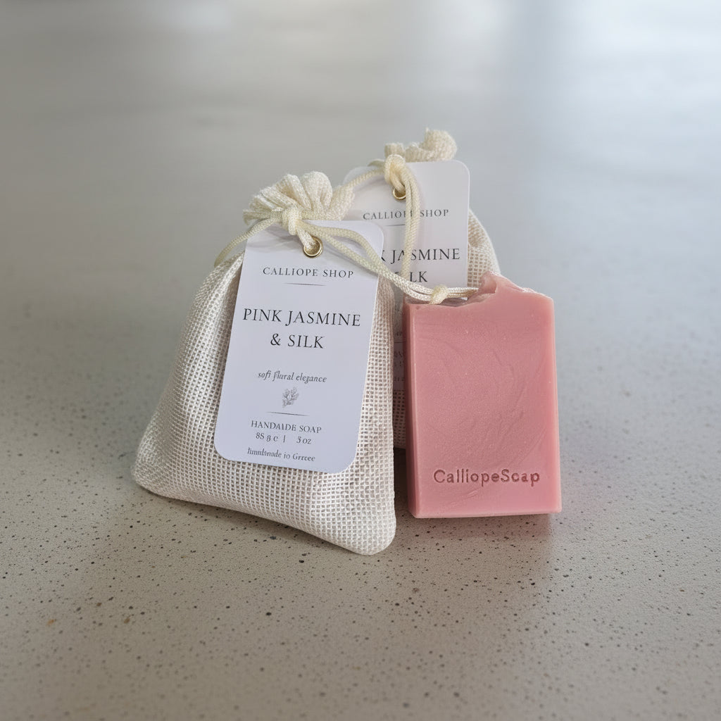 Pink jasmine and silk soap in a decorative bag with a visible brand tag on a neutral background