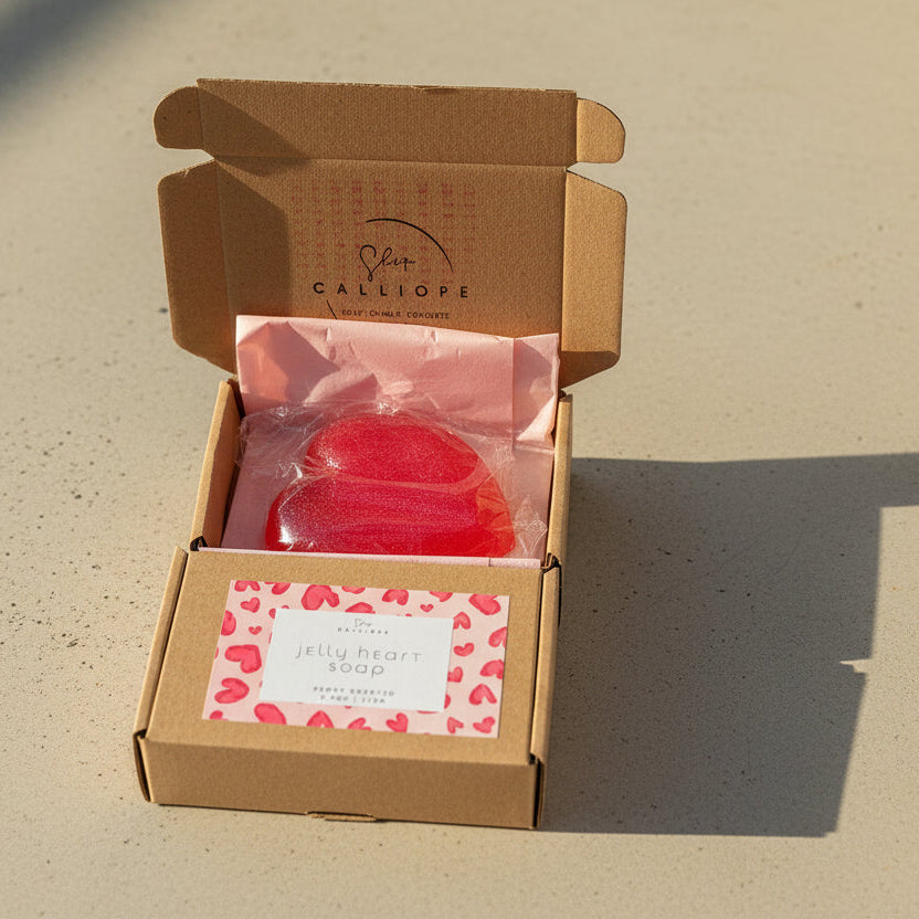 Open cardboard box with a red jelly soapon a white surface