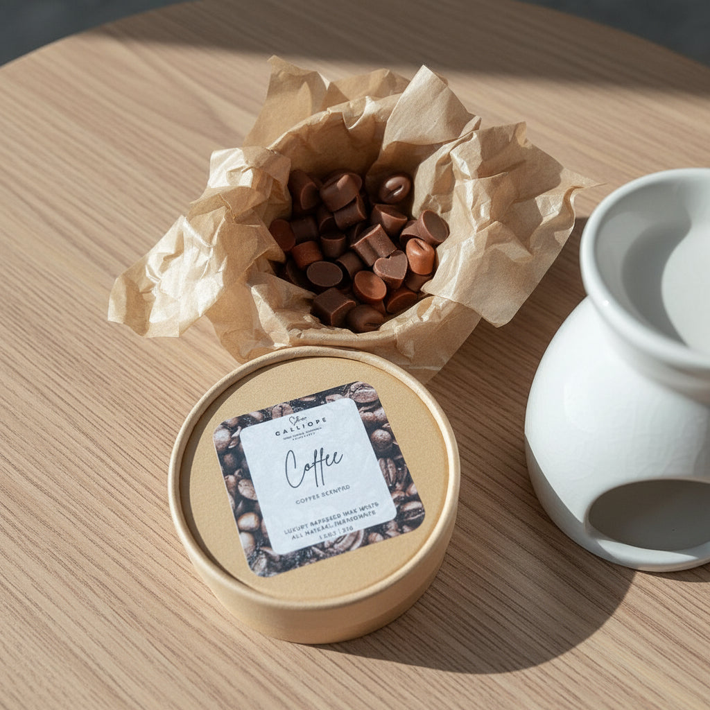 Craft box with coffee wax melts and a white ceramic wax burner on a wooden surface