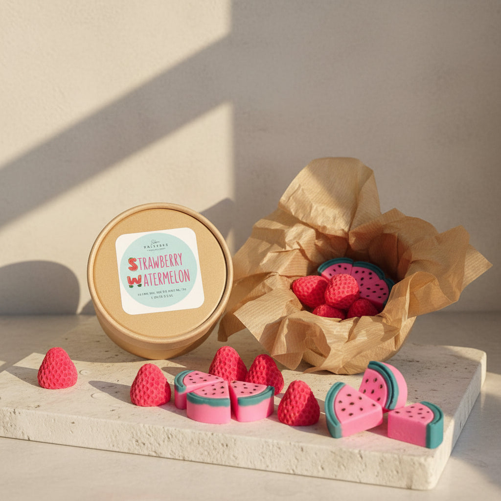 Χειροποίητα wax melts σε σχήμα φράουλα και καρπούζι πάνω σε μαρμάρινη επιφάνεια με τη συσκευασία CalliopeShop.