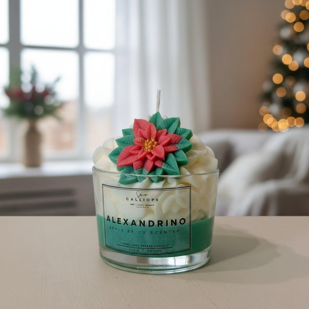 Decorative candle with floral design on top in a home setting