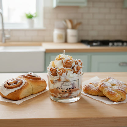 Candle labeled 'Cinnamon Drip' on a kitchen counter with pastries
