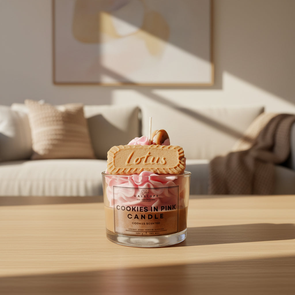 Cookies in Pink Candle with a Lotus Biscoff cookie on top, placed on a wooden surface with a blurred background of a living room.