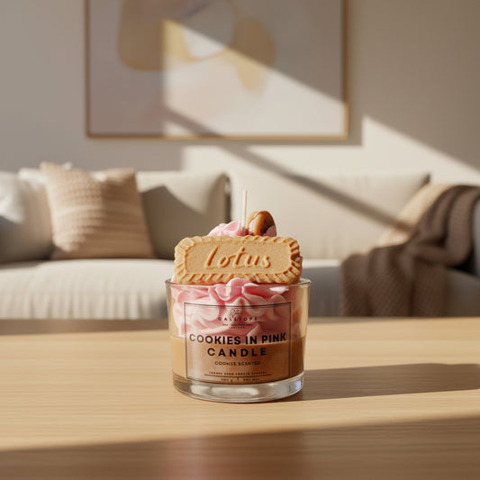 Cookies in Pink Candle with a Lotus Biscoff cookie on top, placed on a wooden surface with a blurred background of a living room.