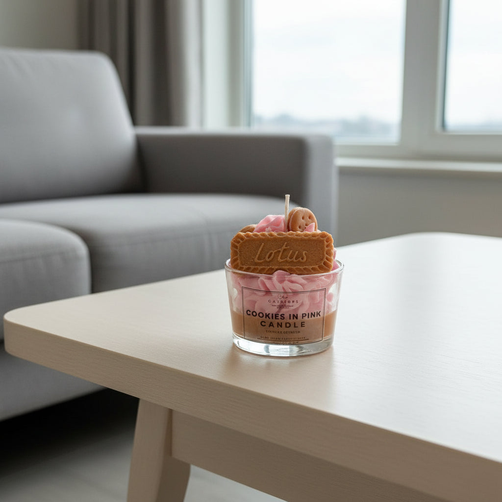 cookies in pink candle filled with pink whipped wax cream, wax chocolate sauce, and wax Lotus cookies on a light surface.