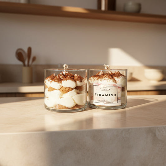 Tiramisu candle with CalliopeShop  label 
