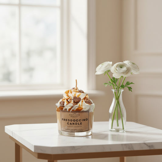 Freddoccino candle on a table with a cup in a cozy living room setting
