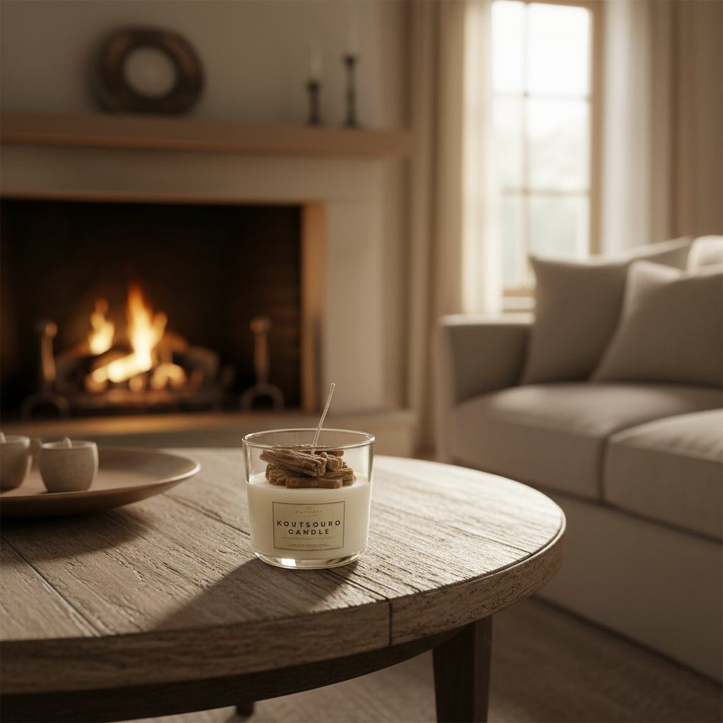 Candle on a wooden table in a cozy living room with a fireplace.