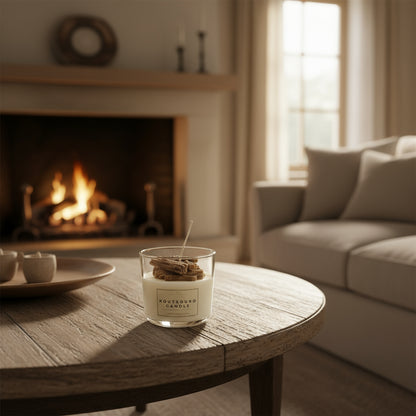 Candle on a wooden table in a cozy living room with a fireplace.
