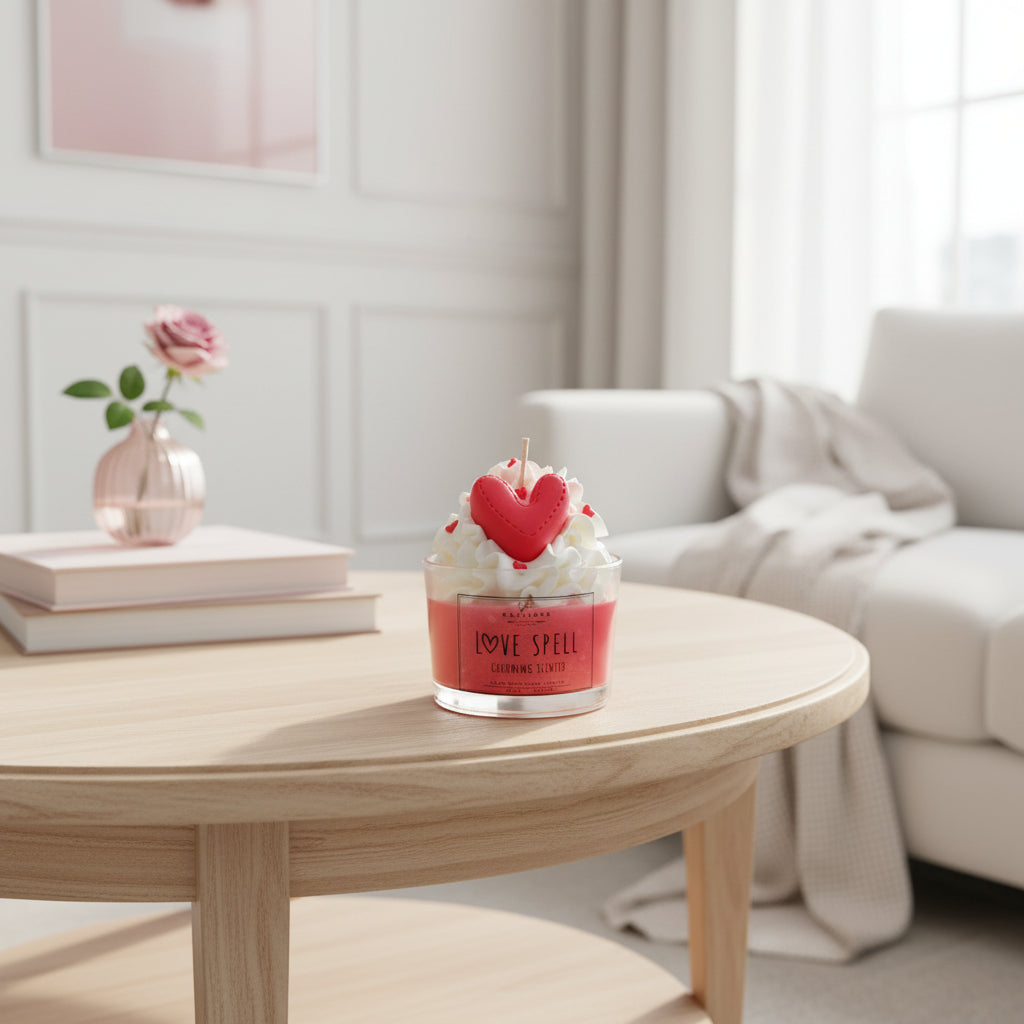 Decorative candle with a heart on a wooden coffee table in a living room.