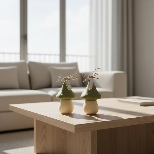 Two green mushroom-shaped ornaments with tags on a light surface.