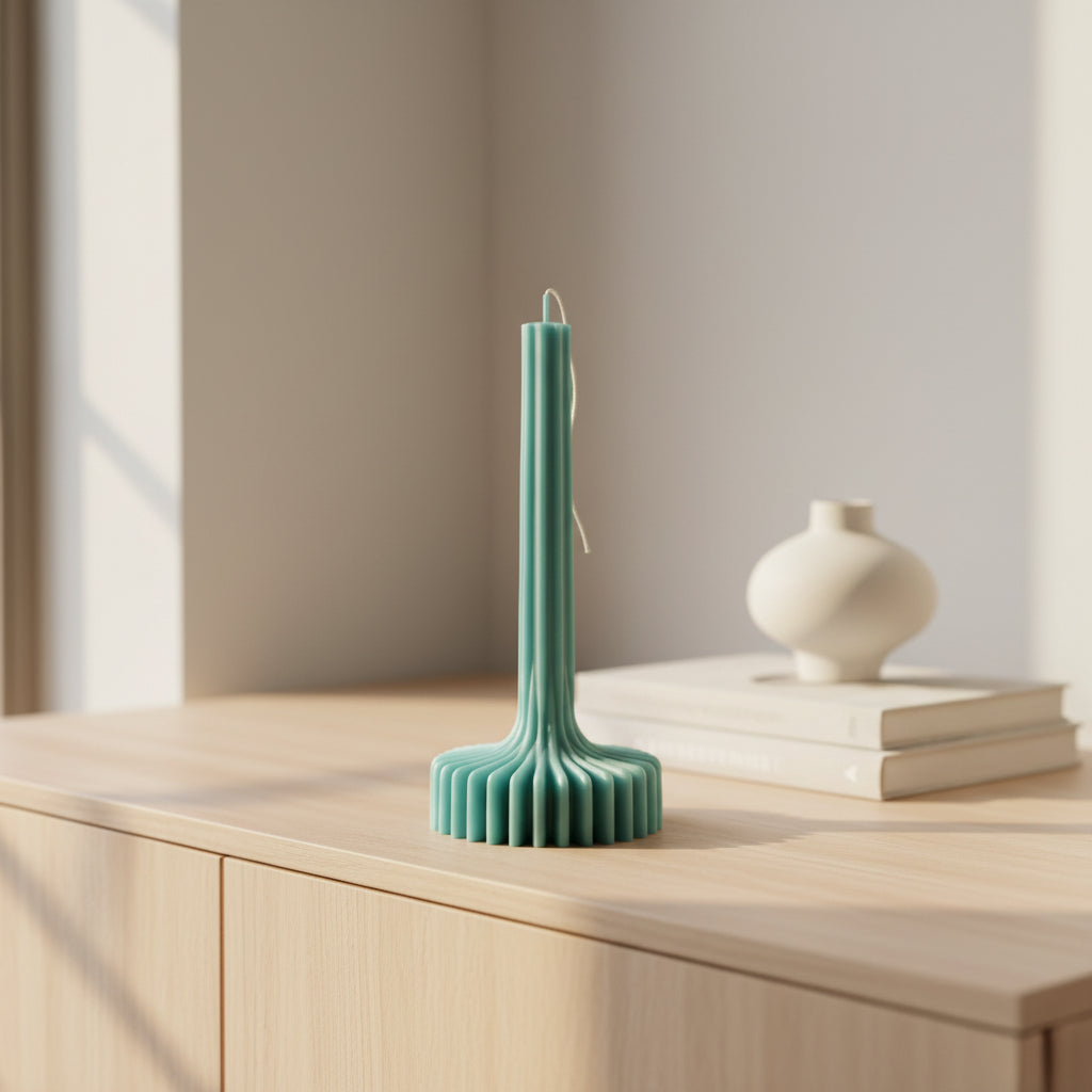 Teal candle holder with textured base on a beige surface