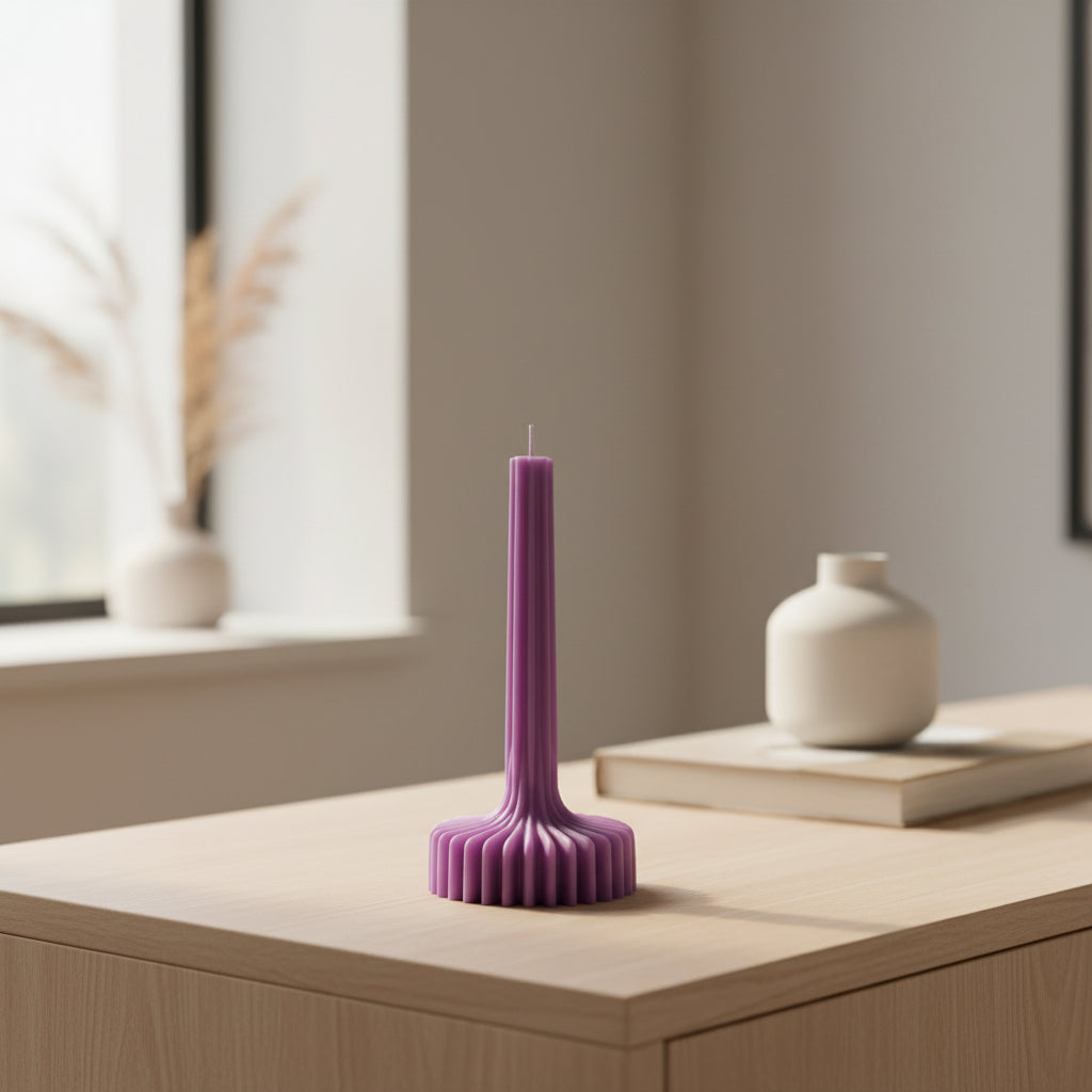 Purple candle holder with a candle on a beige background