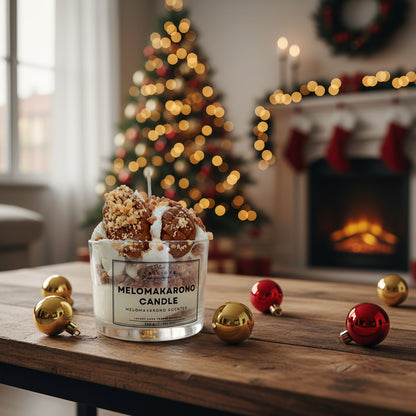 Candle with decorative elements on a table in a festive setting with a Christmas tree and fireplace.