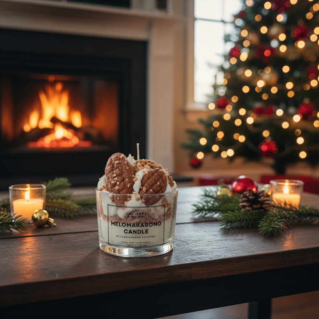 Melomakarona candle on a table with a Christmas tree and fireplace in the background