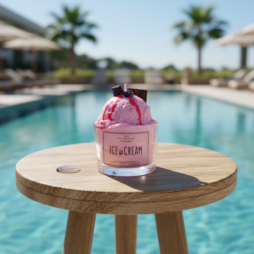 Pink ice cream candle with a label on a countertop