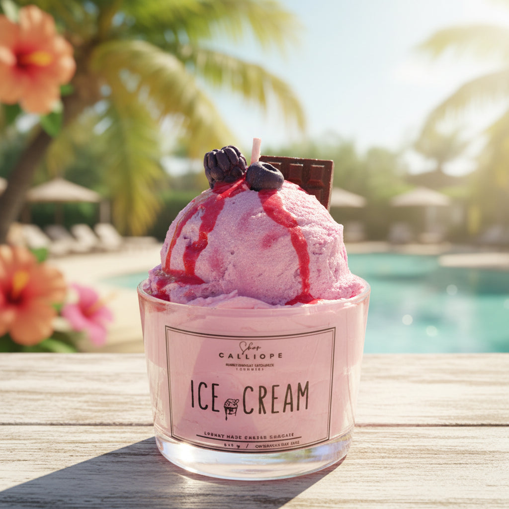 Pink ice cream candle in a container with berries and chocolate on top, branded 'CalliopeShop'.