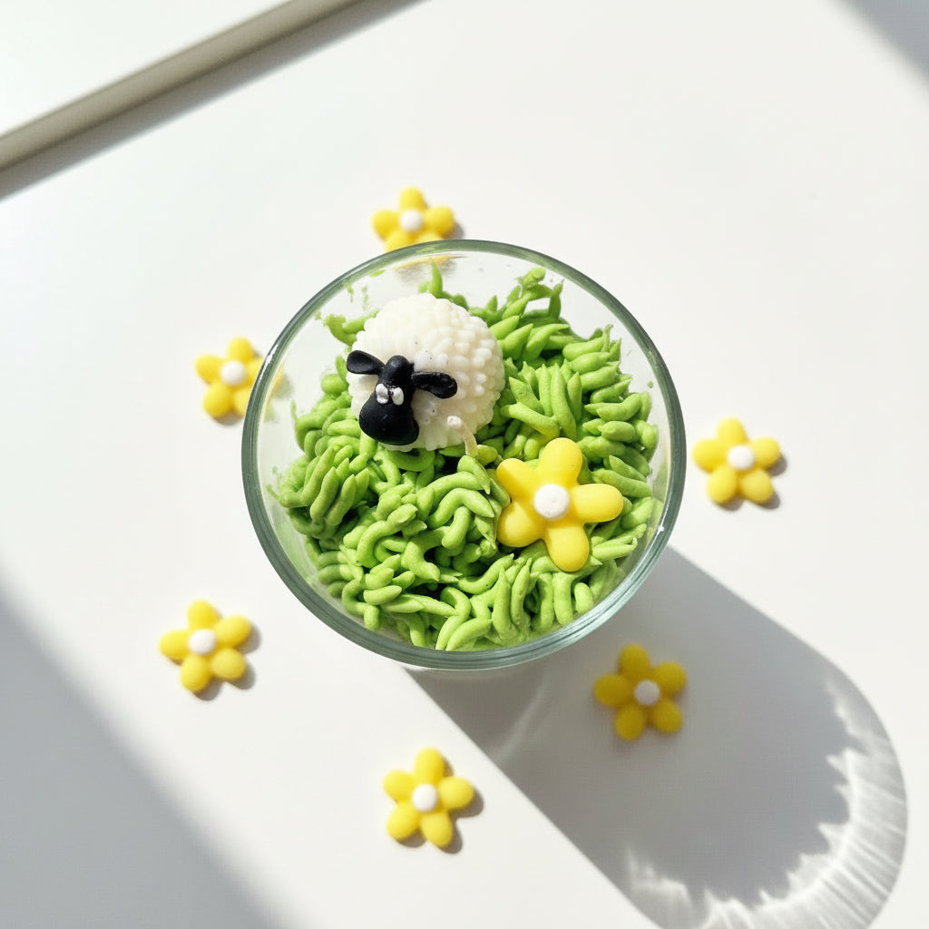 Candle Grass with a sheep and flower decoration in a glass .