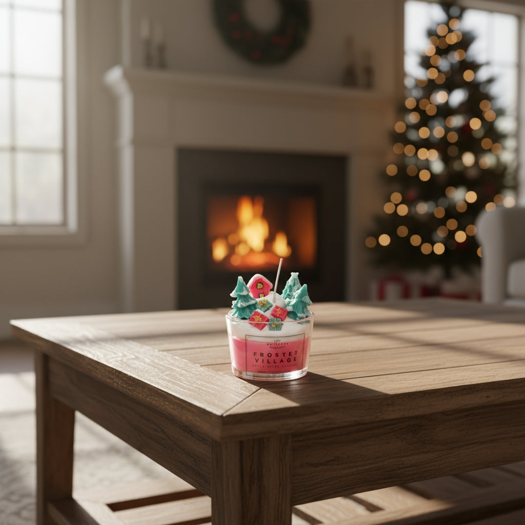 Candle with Christmas decorations on a wooden table in a cozy living room with a fireplace and tree.