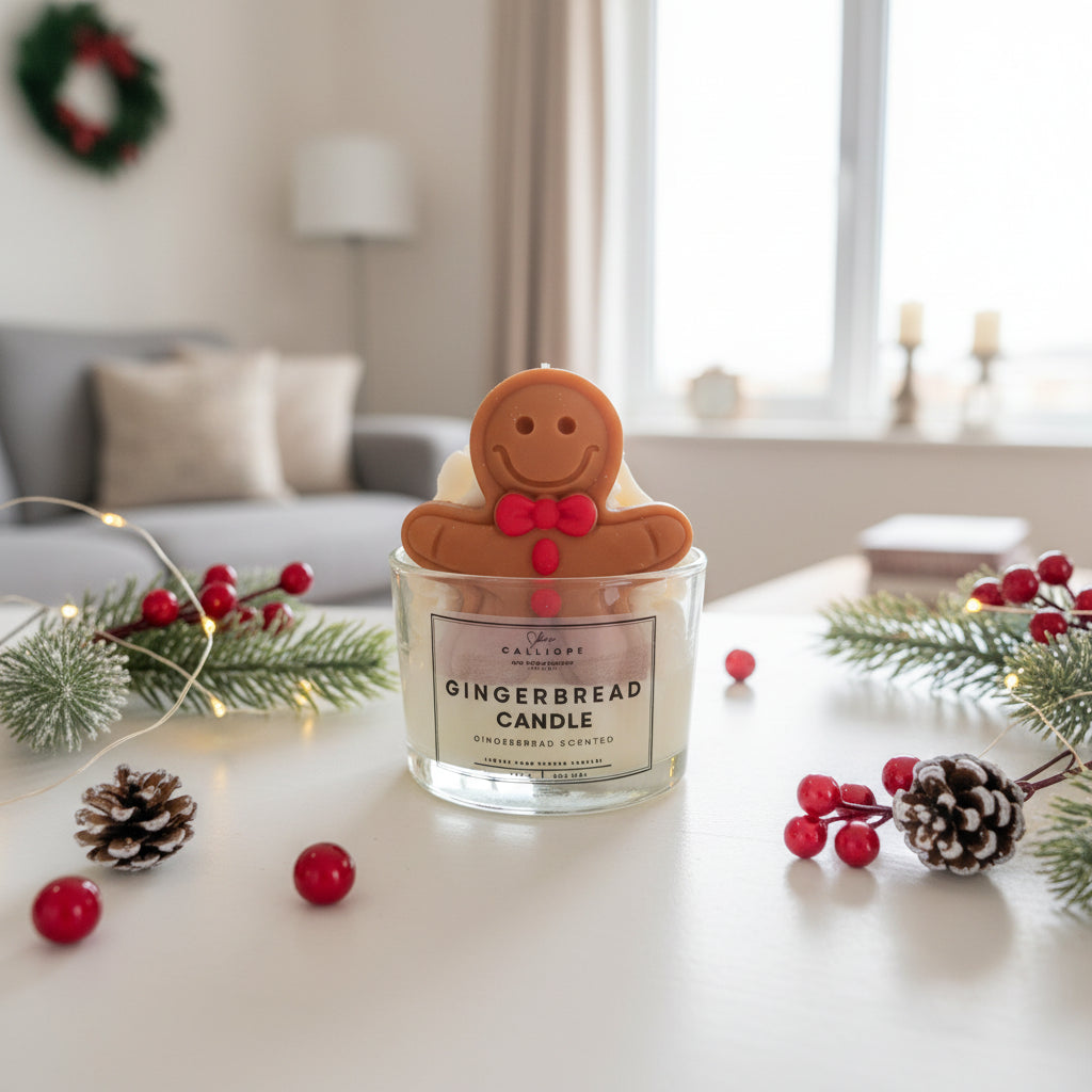 Gingerbread candle with a gingerbread man on top in a living room setting.