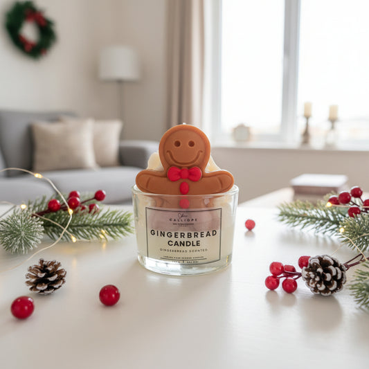 Gingerbread candle with a gingerbread man on top in a living room setting.