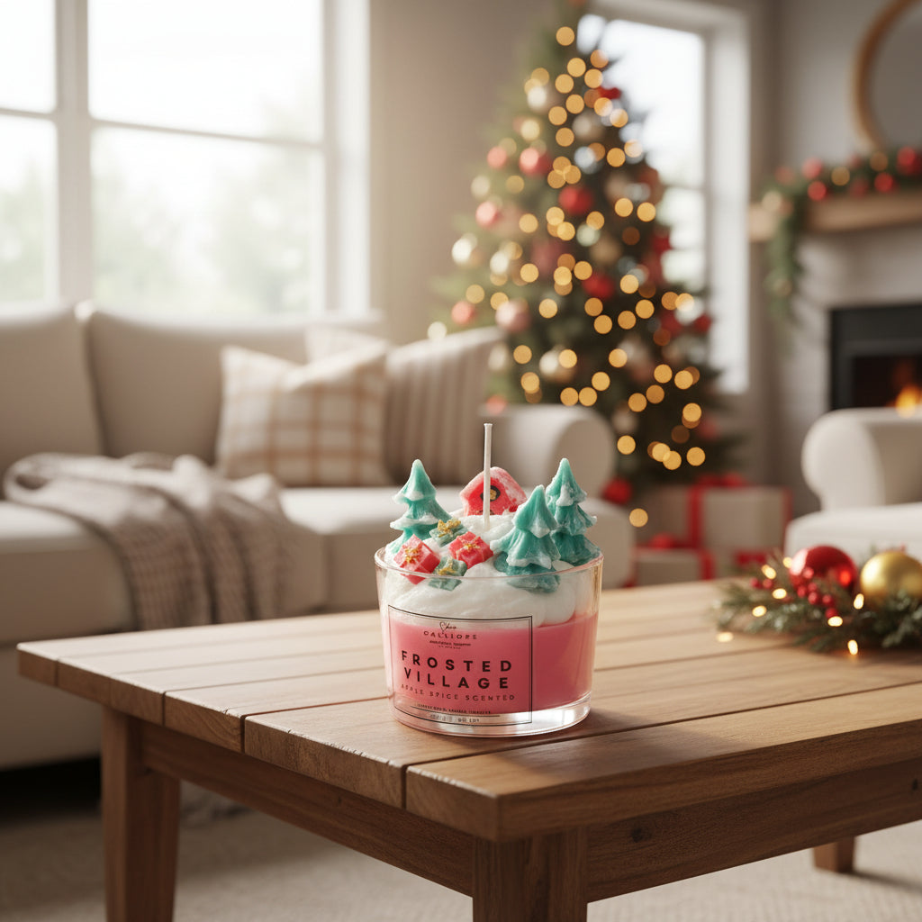 Decorative cup with Christmas-themed elements on a wooden table in a cozy living room.