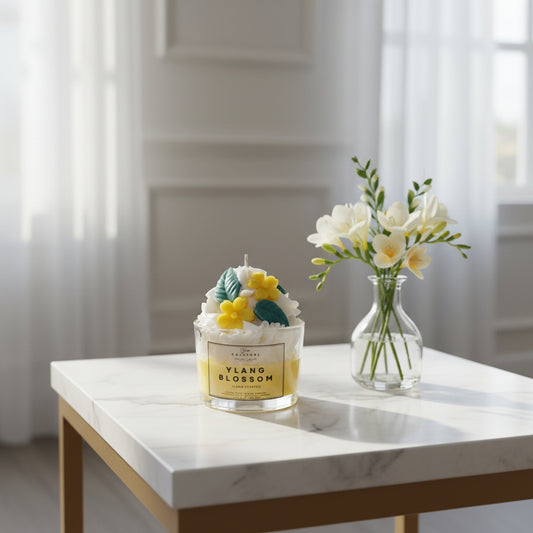 Candle with floral design and a vase of flowers on a marble table.