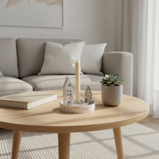 Living room with a wooden coffee table, a porcelain candle holder, and decorative items.
