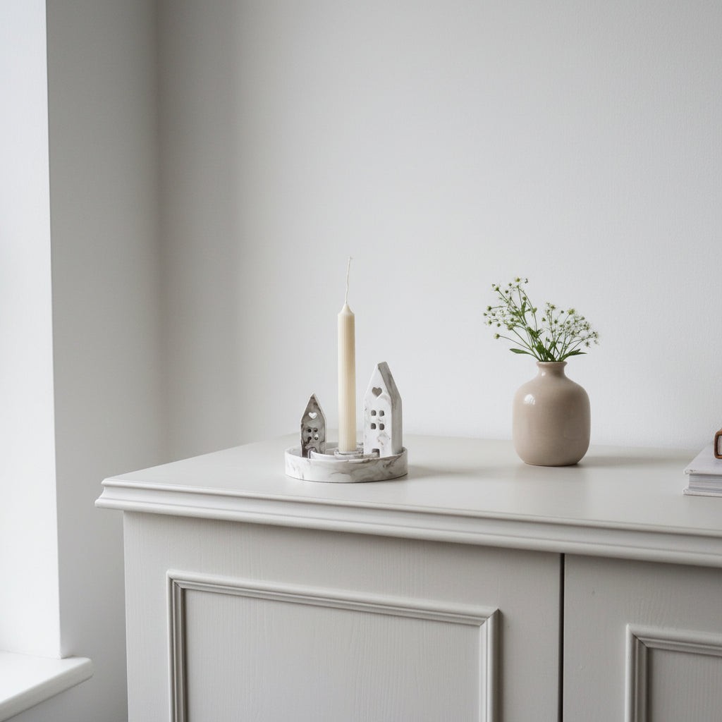 Candle holder on a white cabinet against a plain wall