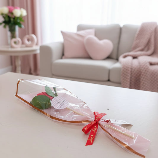 Bouquet of flowers in clear packaging with a red ribbon on a table in a cozy living room.