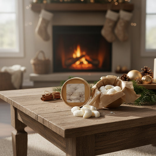 Kourabies cookies with a Kourabies container on a coffee table with a fireplace on backround