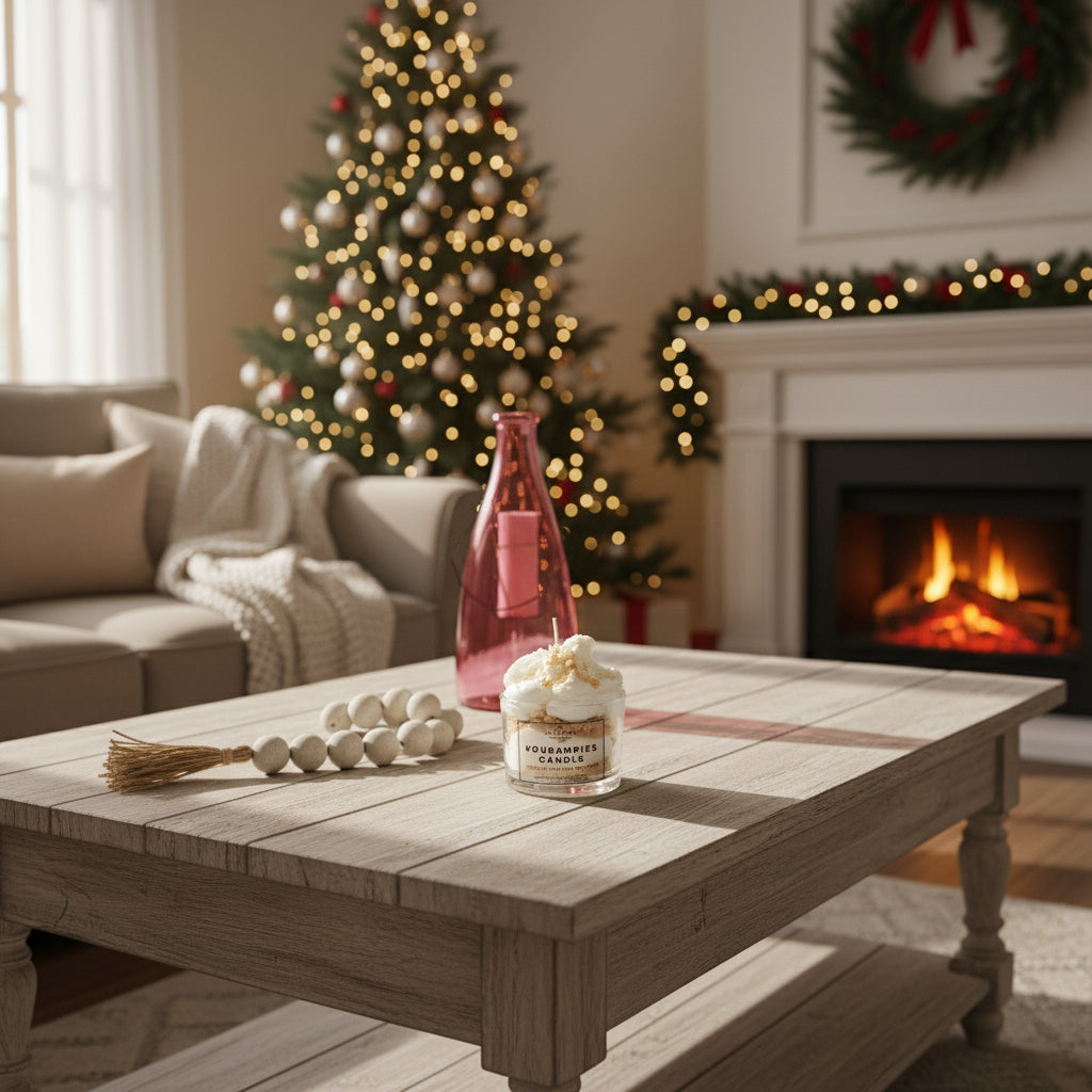 Cozy living room with a Christmas tree, fireplace, and decorative items on a coffee table.