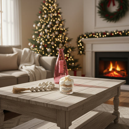 Cozy living room with a Christmas tree, fireplace, and decorative items on a coffee table.