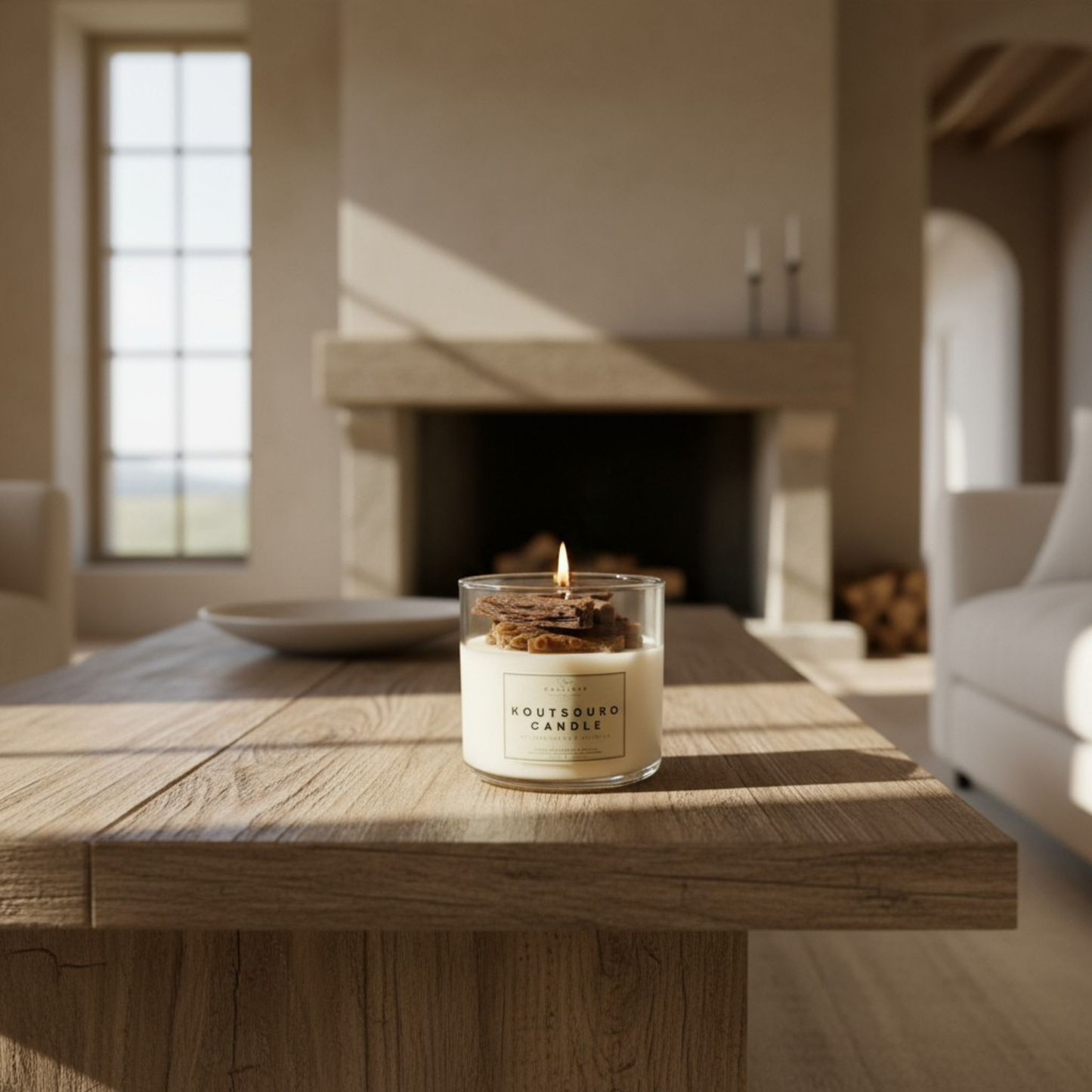 Candle on a wooden table in a cozy living room with a fireplace.