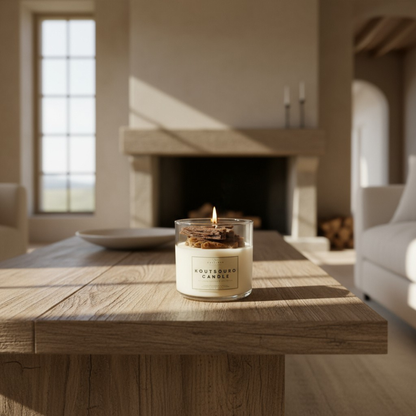 Candle on a wooden table in a cozy living room with a fireplace.