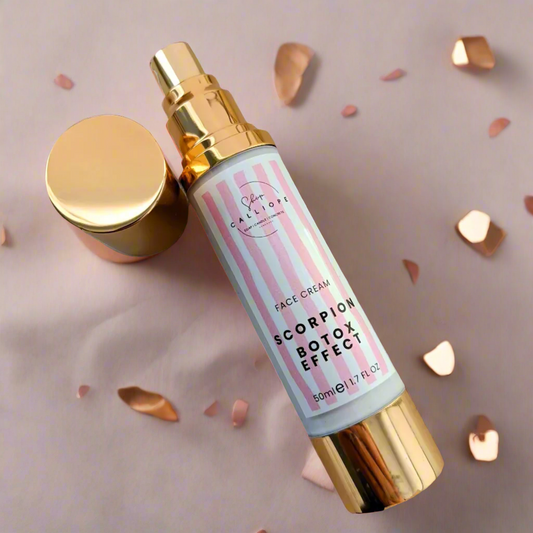 A pump bottle of Scorpion Botox Effect face cream with a gold cap, labeled for anti-wrinkle and moisturizing benefits.